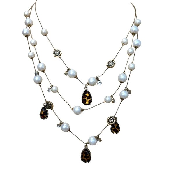 Betsey Johnson Leopard & Pearl Multi-Row Illusion Necklace & Earrings Set - Picture 2 of 14